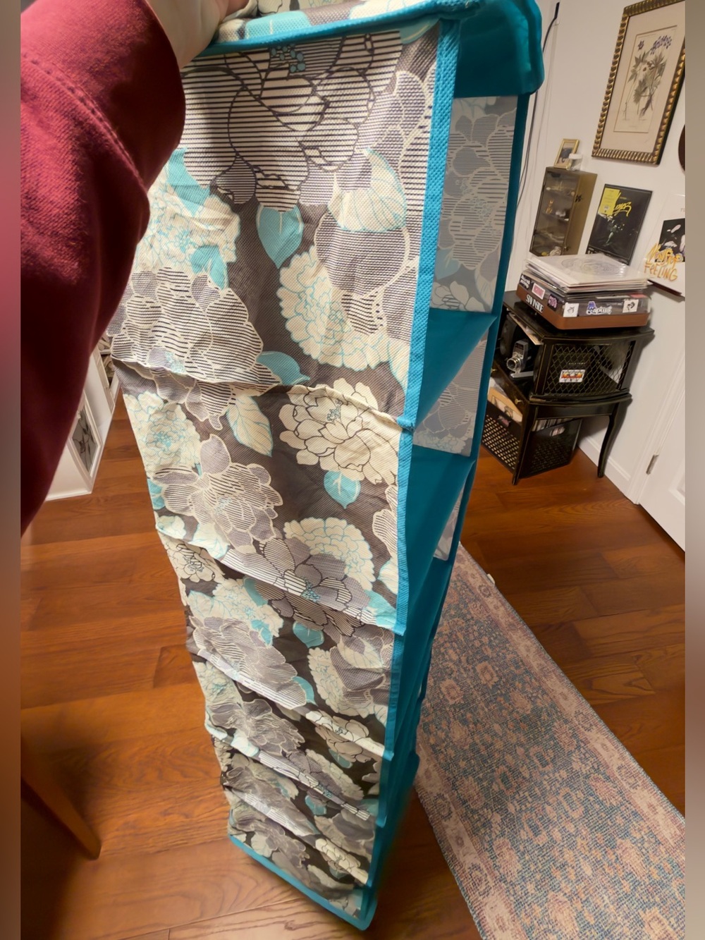 Turquoise Floral Fabric 6-Compartment Hanging Closet Organizer- Teen/Dorm/Home